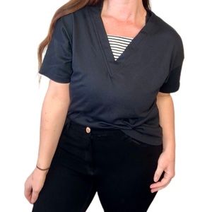 Retro Black T-shirt with Black and White Stripe Neckline Overlay XL Size 14